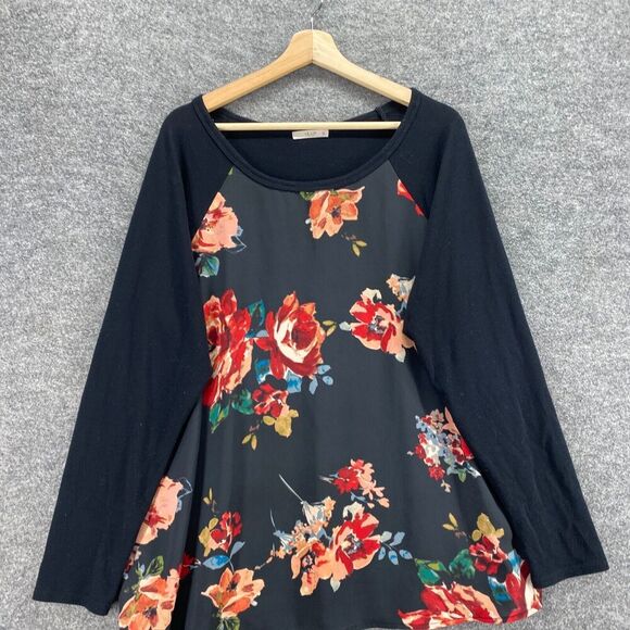 Le Lis Blouse Women 1X Plus Black Floral Long Sleeve Round Neck Pullover Casual - Picture 3 of 9